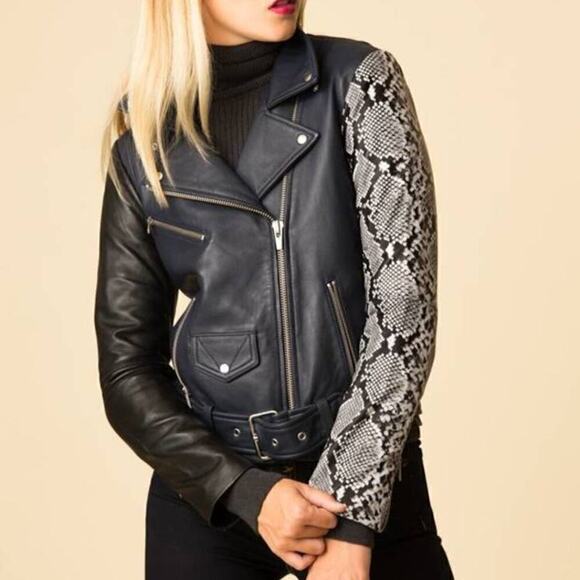 Veda Jane Jacket Snakeskin Combo Lamb Leather Colorblock Moto Navy Black SizeXSW - Picture 1 of 12
